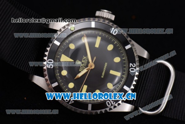 Rolex Submariner Vintage Asia 2813 Automatic Steel Case with Black Dial Black Nylon Strap and Dot Markers - Click Image to Close